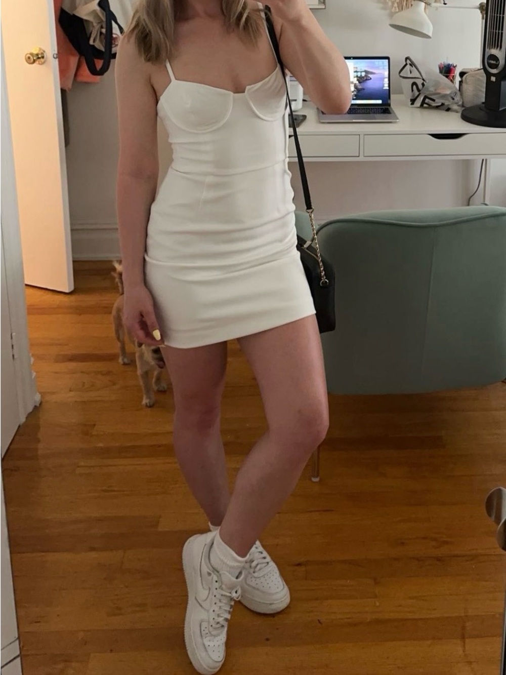 French Connection White Mini Bodycon Dress with Spaghetti Straps